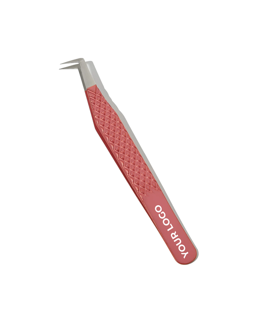 Pink tweezers with a textured handle on a white background